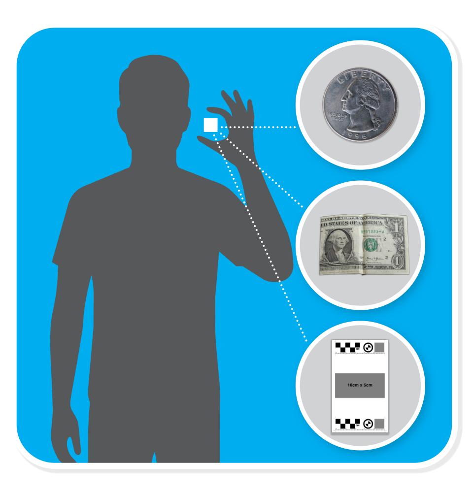 Person holding a U.S. quarter, folded dollar bill, or Falcon Pursuit measuring guide beside the head